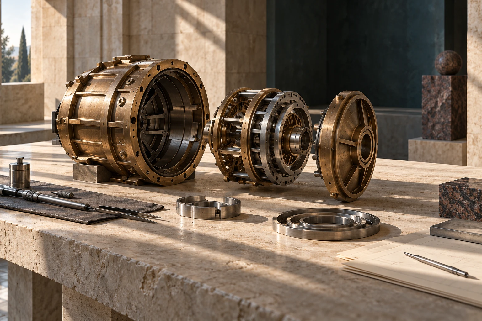An invented bronze mechanical housing separated into replaceable modules on a limestone workshop table.