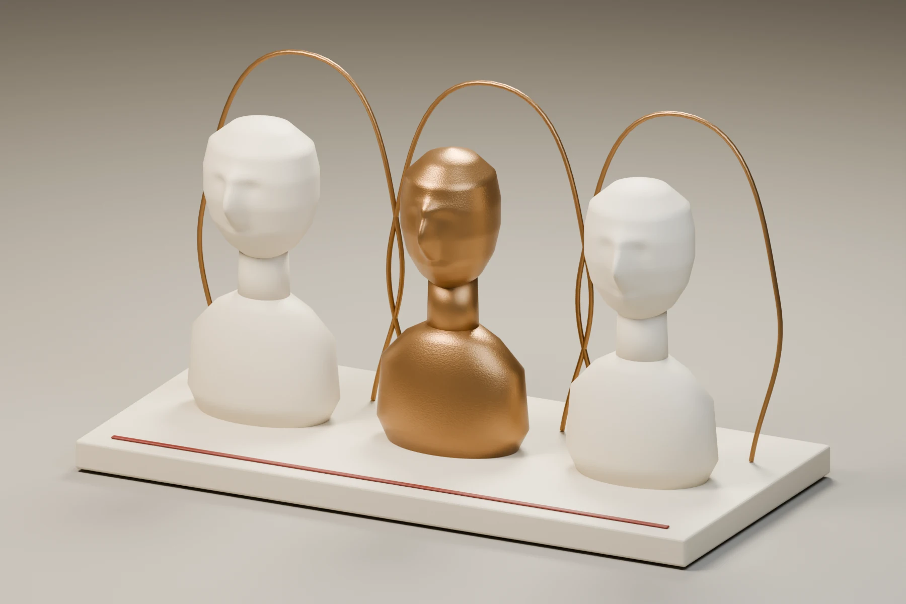 Three independently carved, mask-like human busts stand at equal scale on a shared base with open bronze arcs.