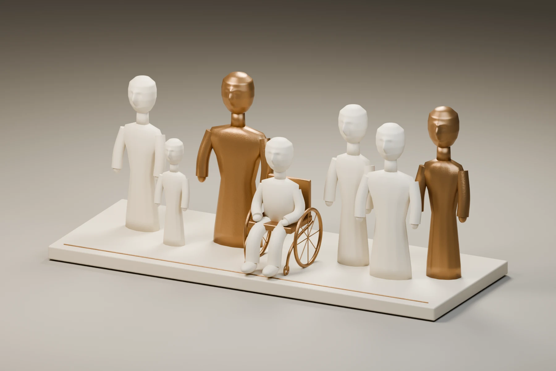 Seven abstract human figures of varied height and build share a limestone plinth, with a seated figure and a bronze mobility chair.