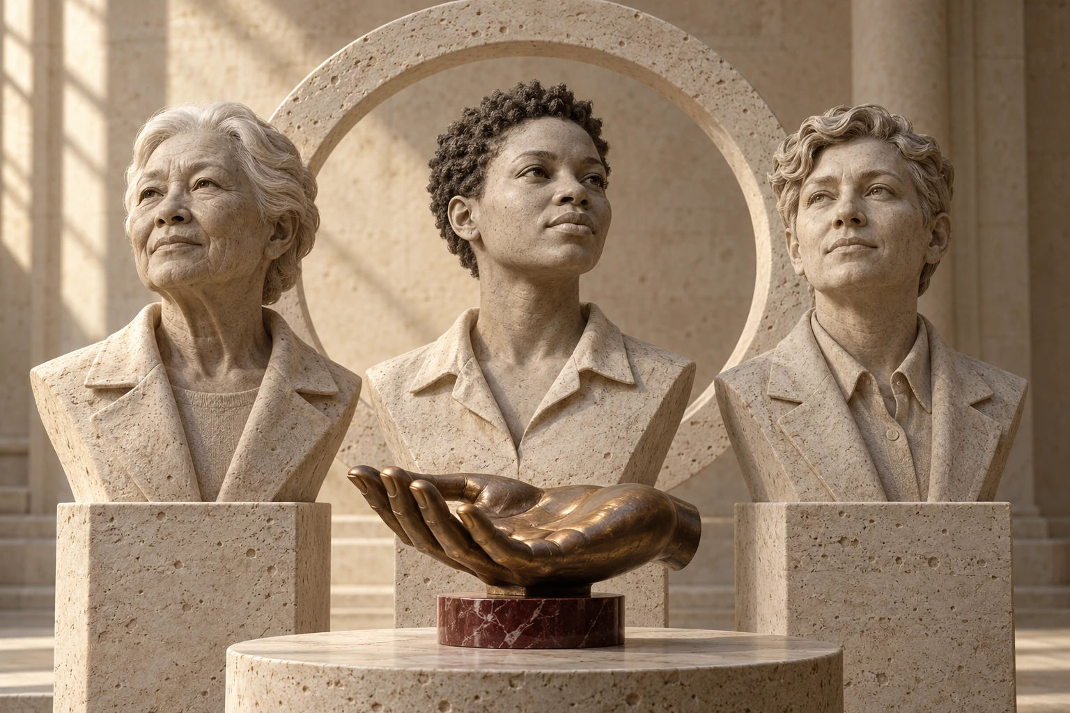 Three distinct human busts share equal scale and space beside an open bronze palm and a circular stone form.