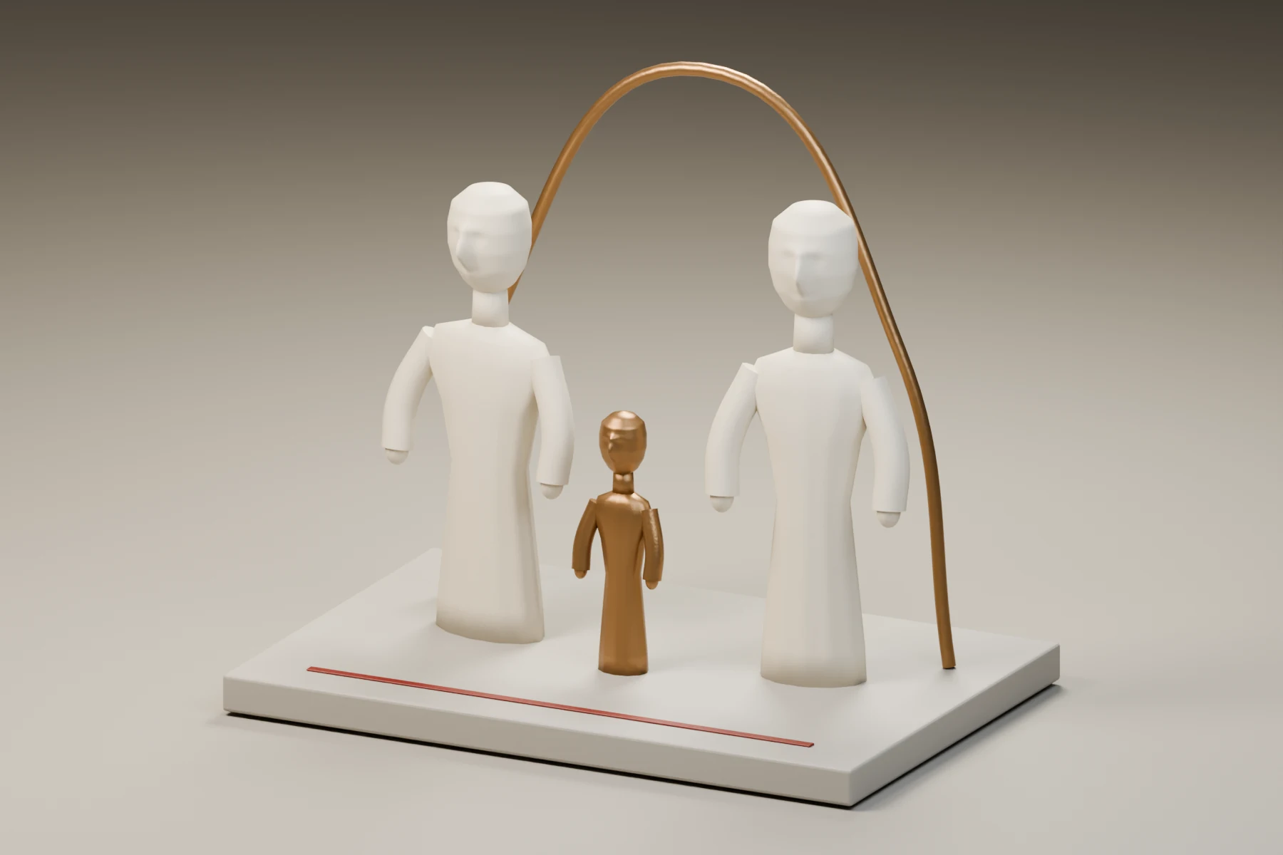 Two draped adult figures and a smaller figure gather within an open bronze arc on an ash-stone foundation.