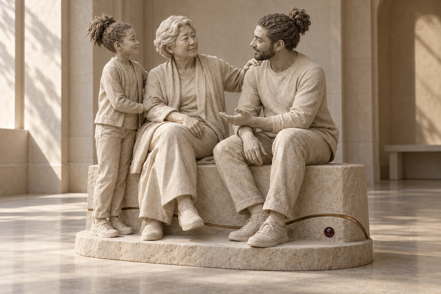 An older adult, a younger adult and a child form a proud, reciprocal sculptural group in pale stone and bronze.